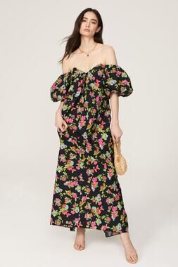 CAROLINE CONSTAS Reyna Black Floral Puff Sleeve Empire Waist Maxi Dress Size M